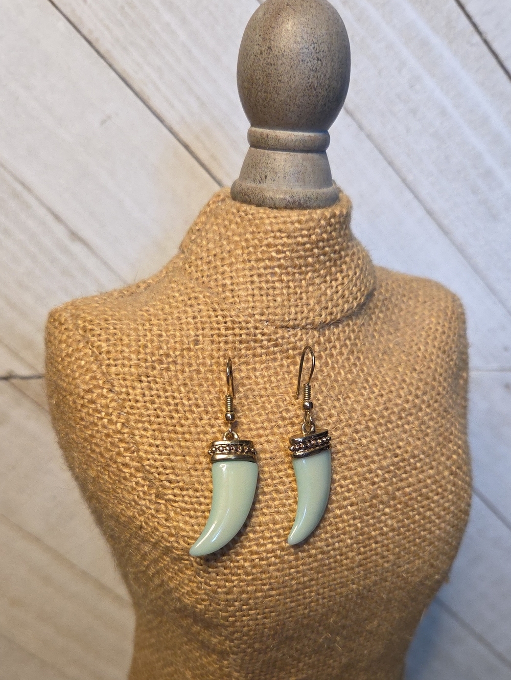 Green Faux Jade Horn and Light Gold Earrings Costume Jewellery